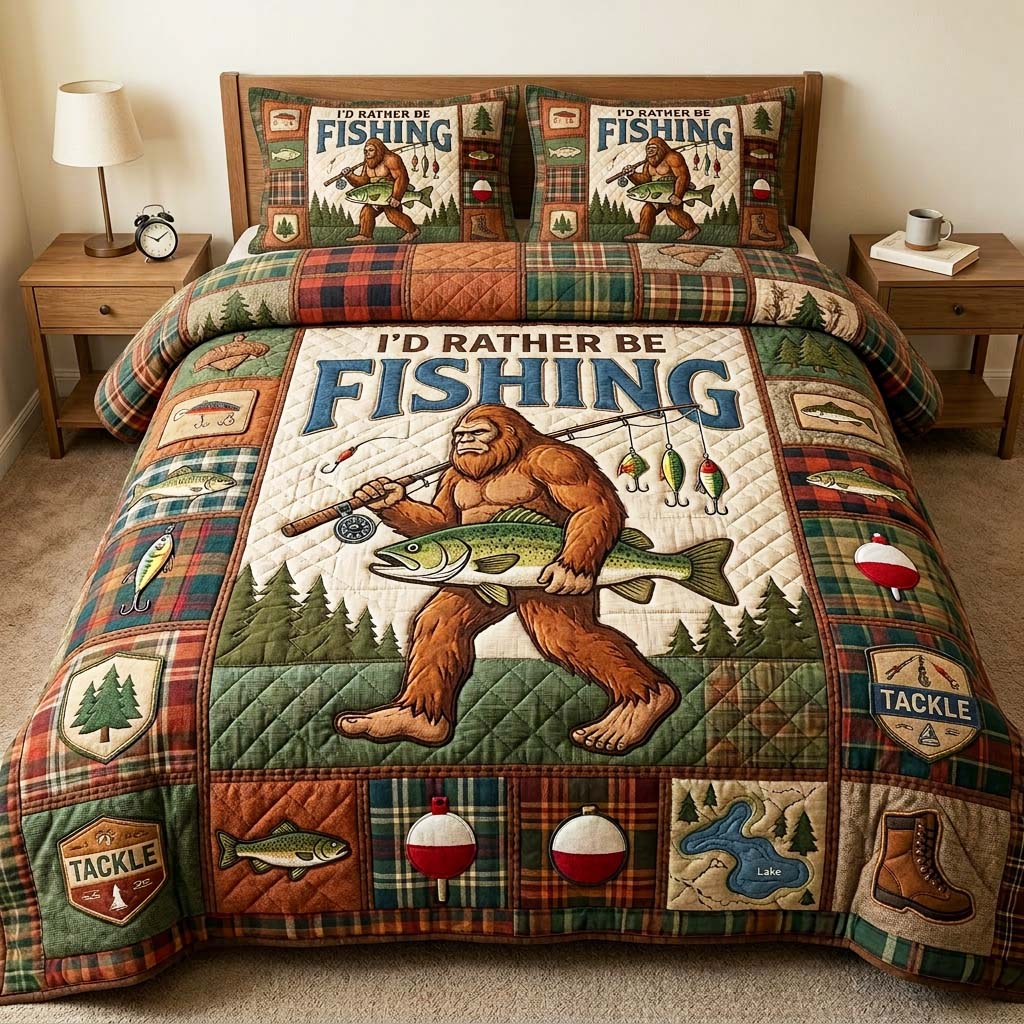 Fishing Sasquatch 3-Piece Quilted Bedding Set GFTOQM4750