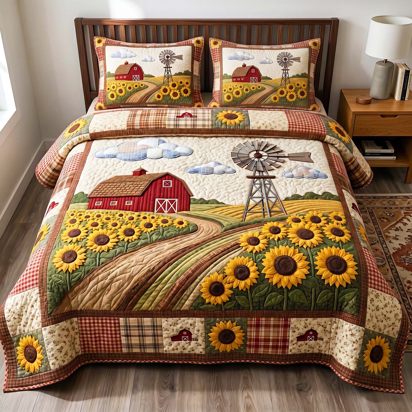 Sunflower Windmill 3-Piece Quilted Bedding Set GFTOQM4872