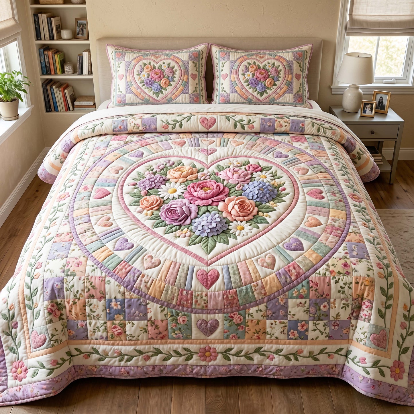 Floral Heart 3-Piece Quilted Bedding Set GFTOQM4905