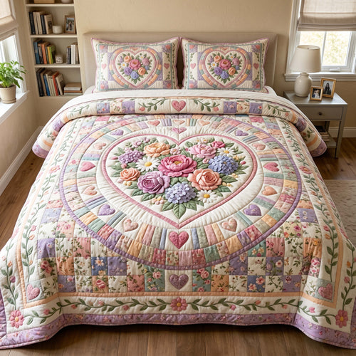 Floral Heart 3-Piece Quilted Bedding Set GFTOQM4905