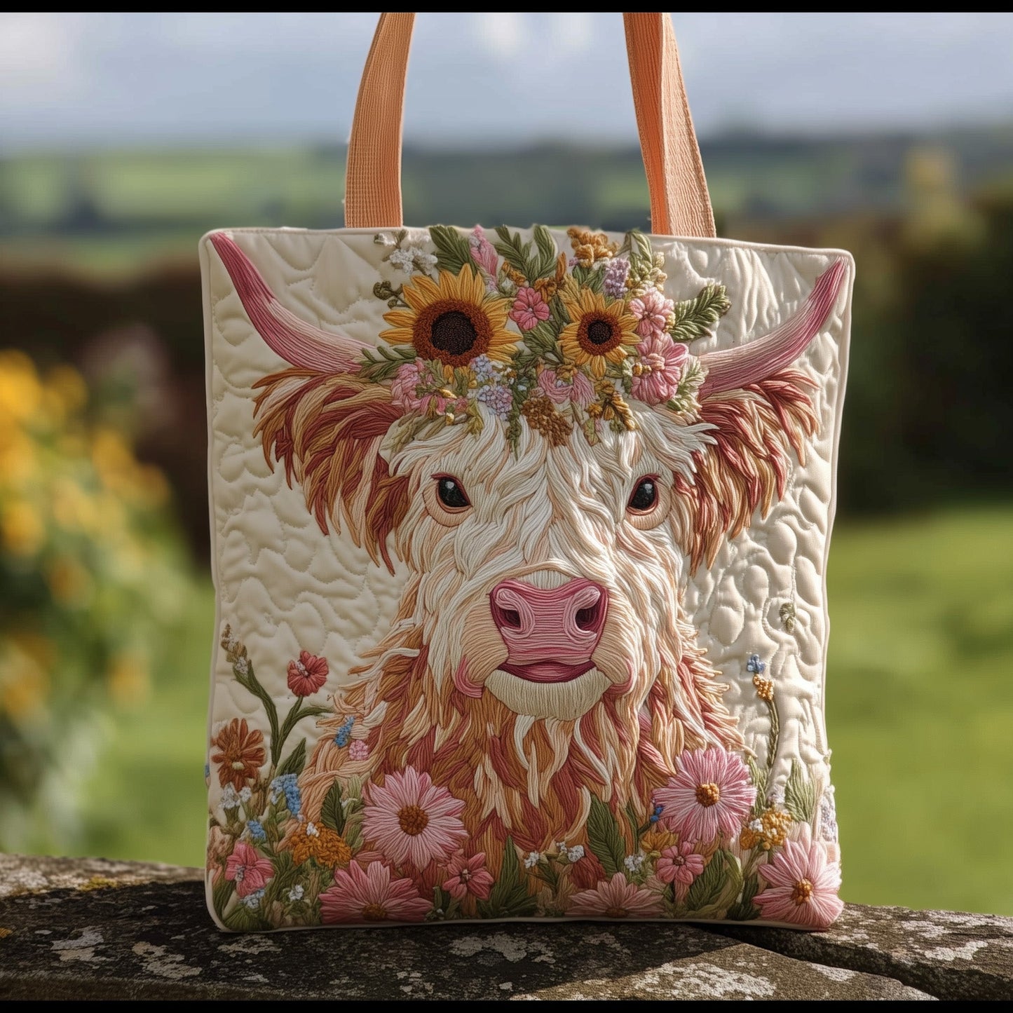 Flower Highland Cow Quilted Tote Bag GFTOTG13
