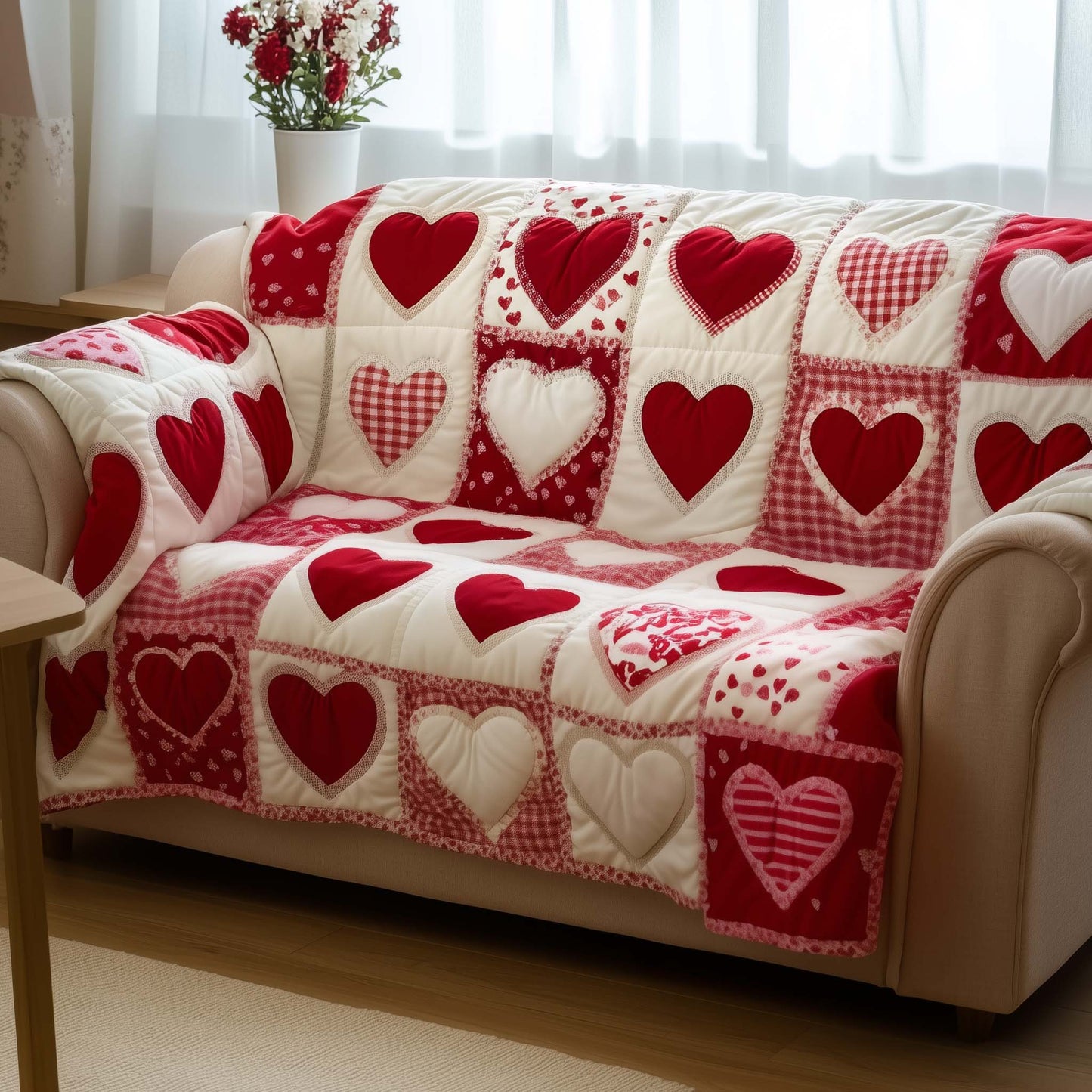 Patchwork Hearts Quilted Sofa Cover GFTOTG1449