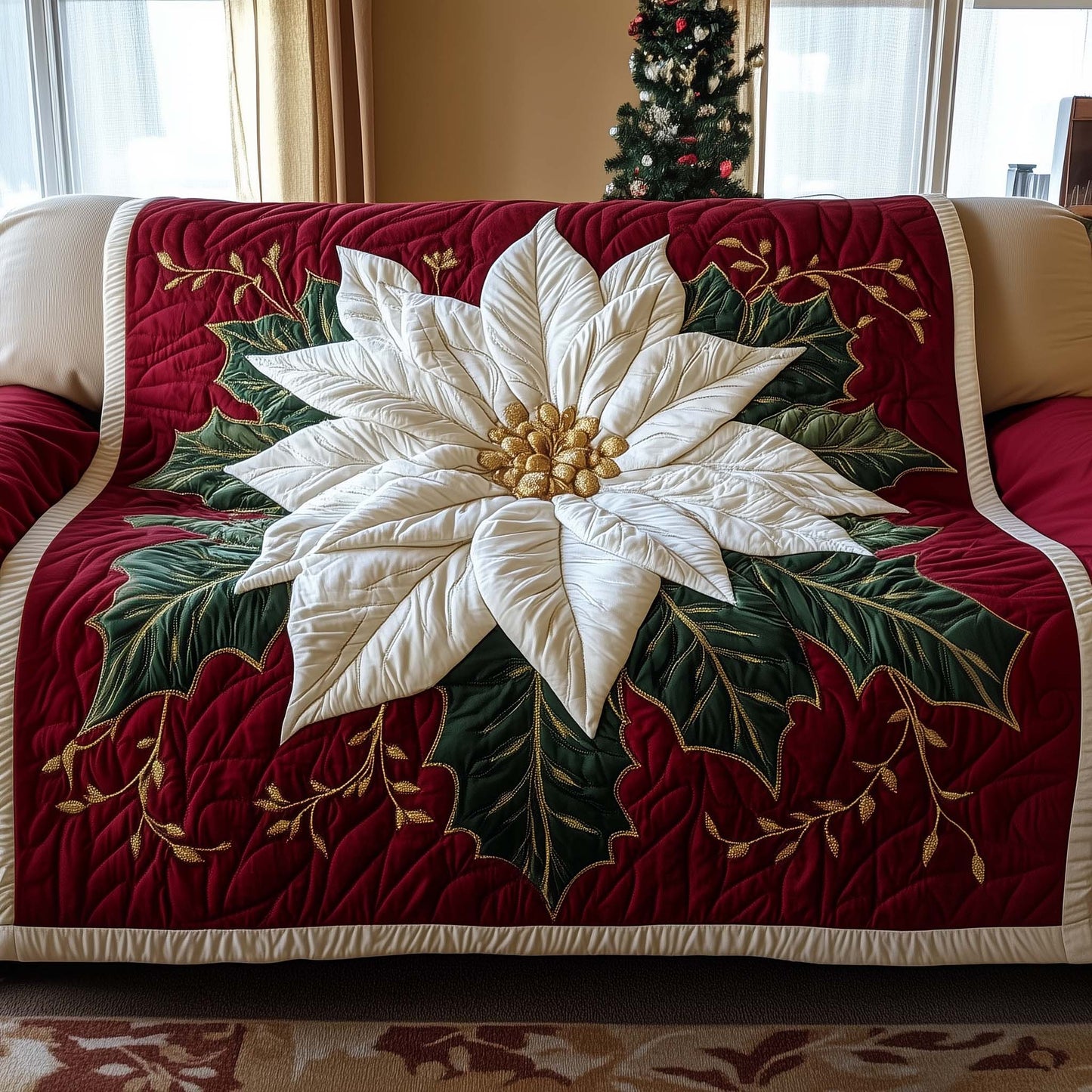 Poinsettia Charm Quilted Sofa Cover GFTOTG1477