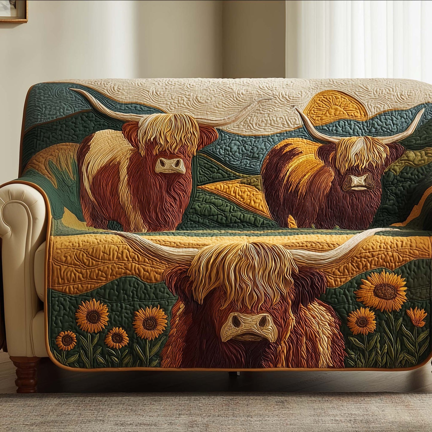 Highland Cow Quilted Sofa Cover GFTOTG3017