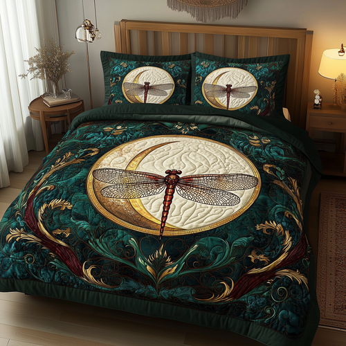 Dragonfly and Crescent Moon 3-Piece Quilted Bedding Set GFTOTL1045