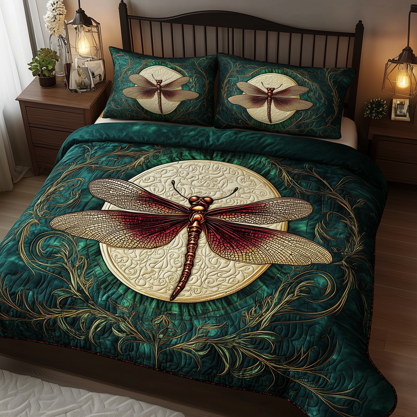 Dragonfly and Crescent Moon 3-Piece Quilted Bedding Set GFTOTL1046