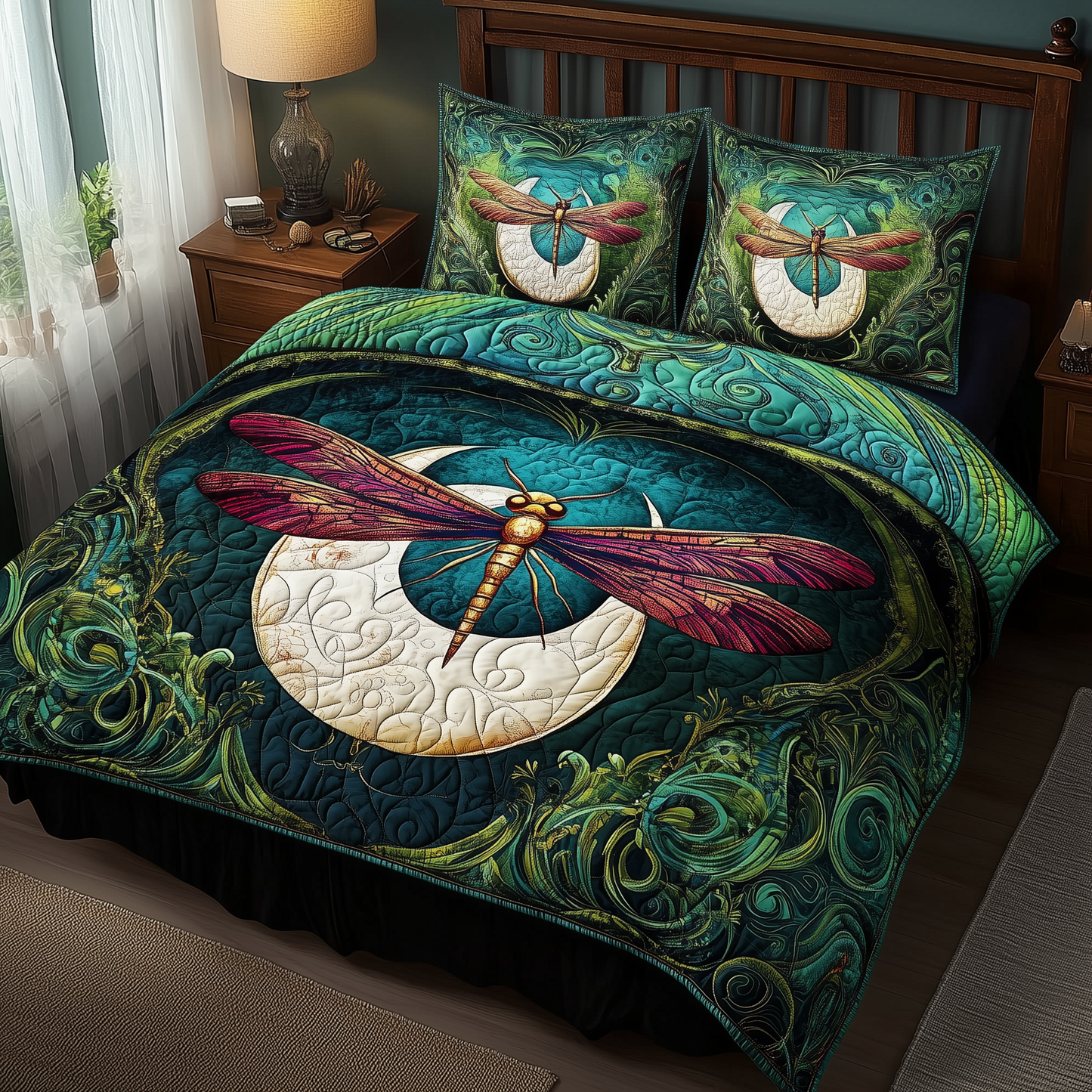 Dragonfly and Crescent Moon 3-Piece Quilted Bedding Set GFTOTL1047