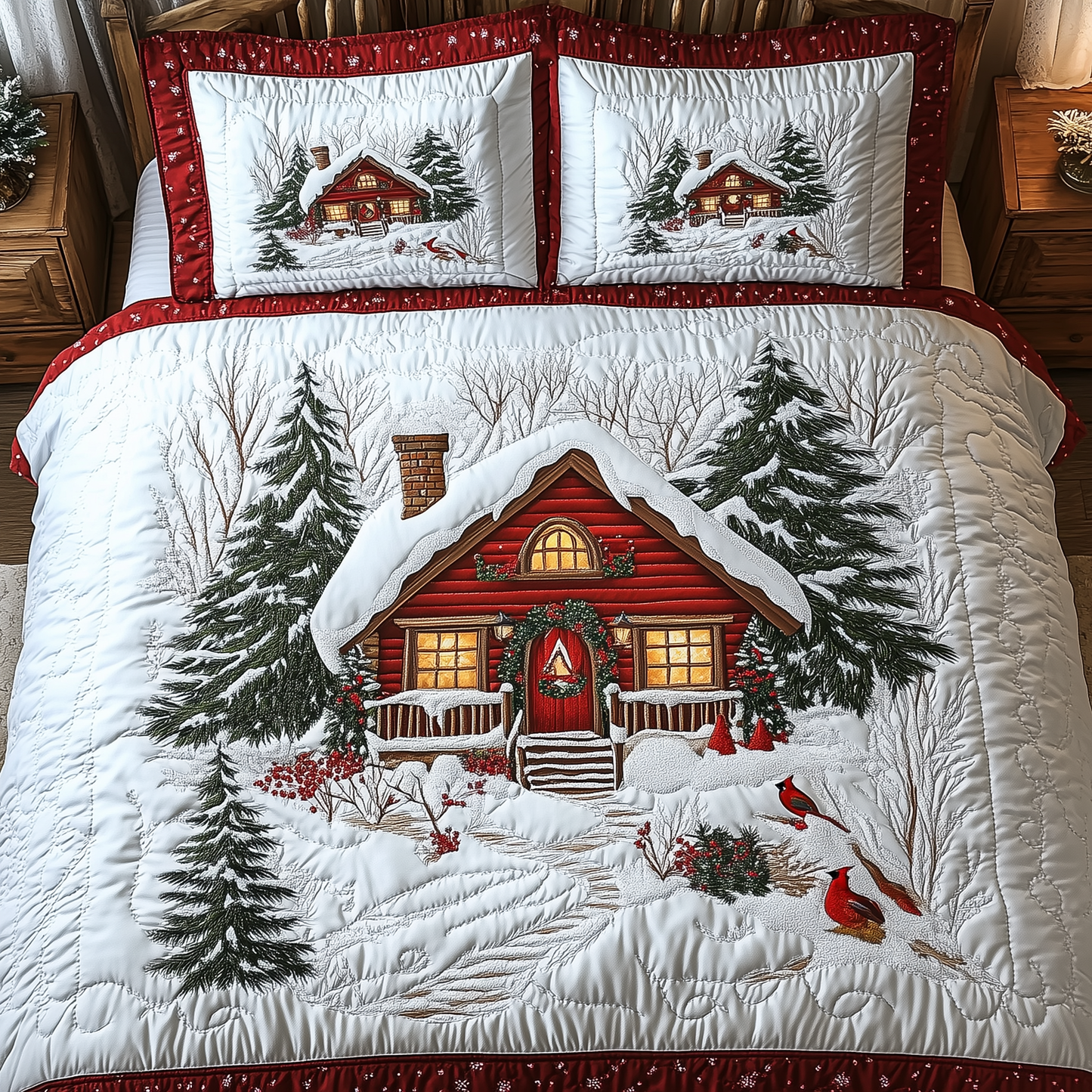 Peaceful Winter Cabin  3-Piece Quilted Bedding Set GFTOTL1389