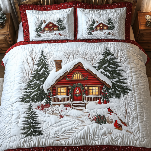 Peaceful Winter Cabin  3-Piece Quilted Bedding Set GFTOTL1389