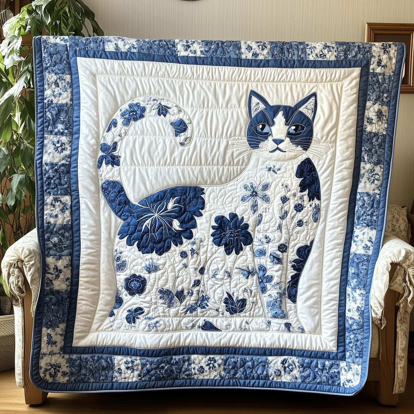 Floral Blue Cat Quilted Blanket GFTOTL1721