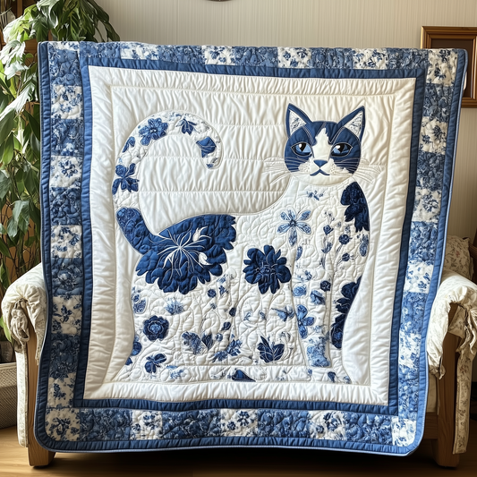 Floral Blue Cat Quilted Blanket GFTOTL1721