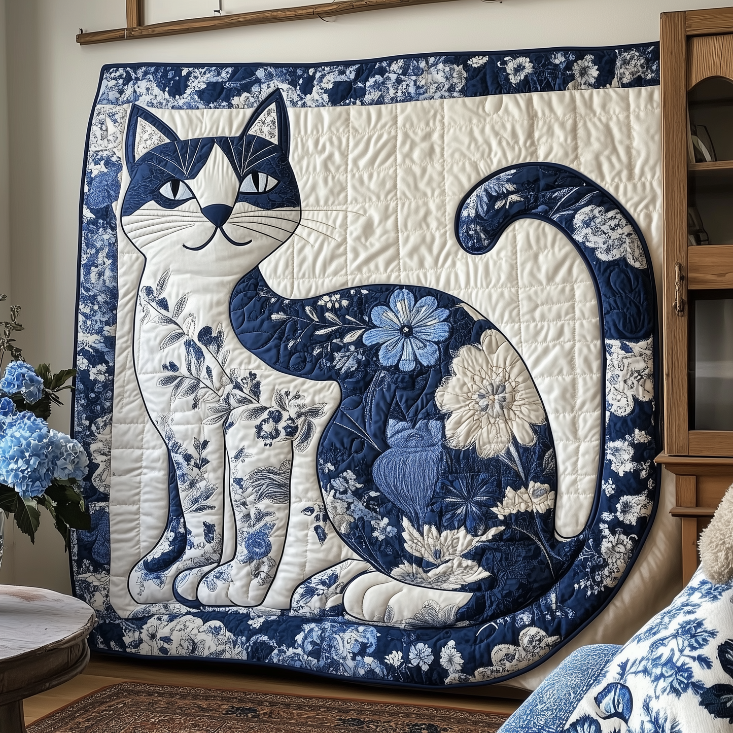 Floral Blue Cat Quilted Blanket GFTOTL1722