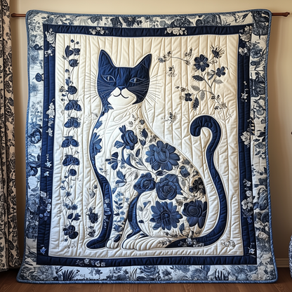Floral Blue Cat Quilted Blanket GFTOTL1723