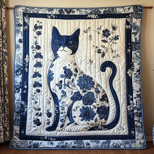 Floral Blue Cat Quilted Blanket GFTOTL1723