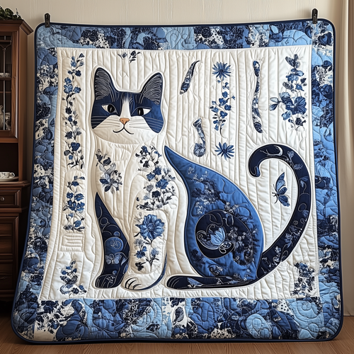 Floral Blue Cat Quilted Blanket GFTOTL1724
