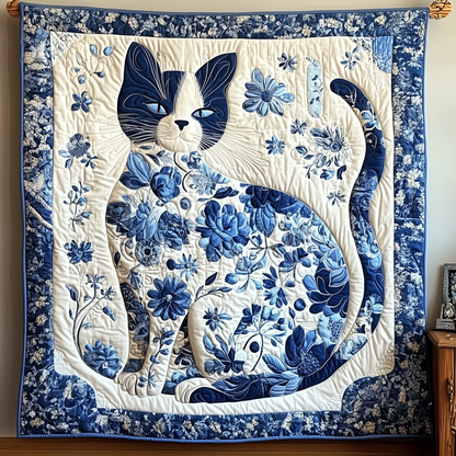 Floral Blue Cat Quilted Blanket GFTOTL1726