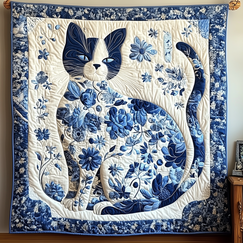 Floral Blue Cat Quilted Blanket GFTOTL1726
