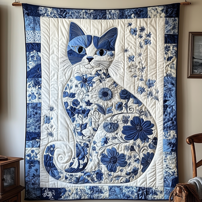 Floral Blue Cat Quilted Blanket GFTOTL1727