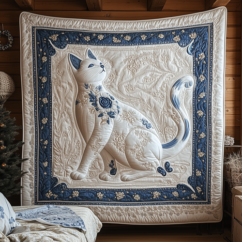 Floral Blue Cat Quilted Blanket GFTOTL1728
