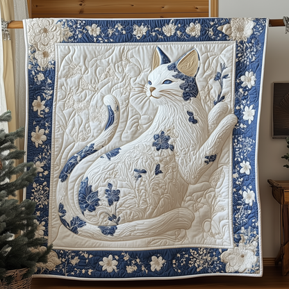 Floral Blue Cat Quilted Blanket GFTOTL1729