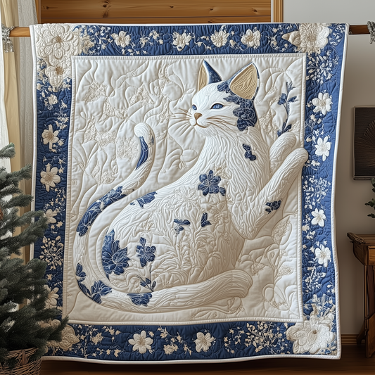 Floral Blue Cat Quilted Blanket GFTOTL1729