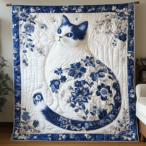 Floral Blue Cat Quilted Blanket GFTOTL1730