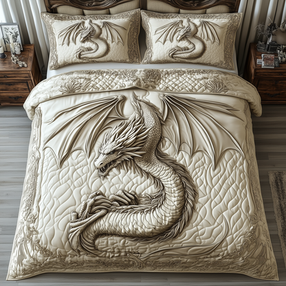 Magnificent White Dragon 3-Piece Quilted Bedding Set GFTOTL1992