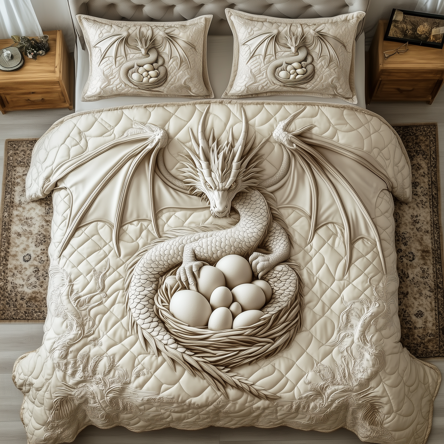 Magnificent White Dragon 3-Piece Quilted Bedding Set GFTOTL1993