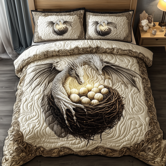 Magnificent White Dragon 3-Piece Quilted Bedding Set GFTOTL1994
