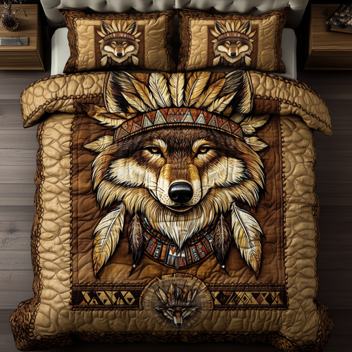 Native American Wolf 3-Piece Quilted Bedding Set GFTOTL2057