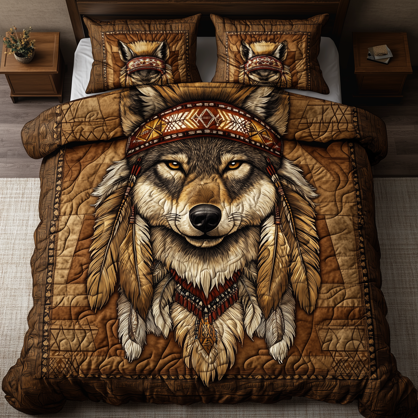 Native American Wolf 3-Piece Quilted Bedding Set GFTOTL2059