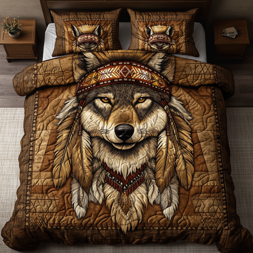 Native American Wolf 3-Piece Quilted Bedding Set GFTOTL2059