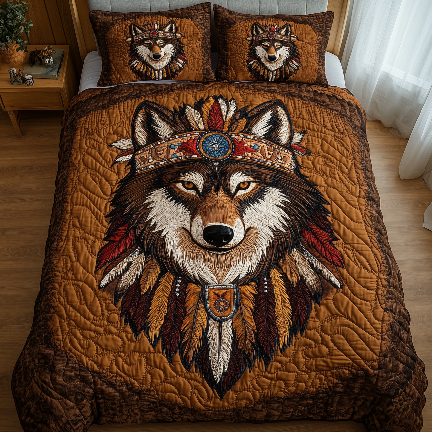 Native American Wolf 3-Piece Quilted Bedding Set GFTOTL2062