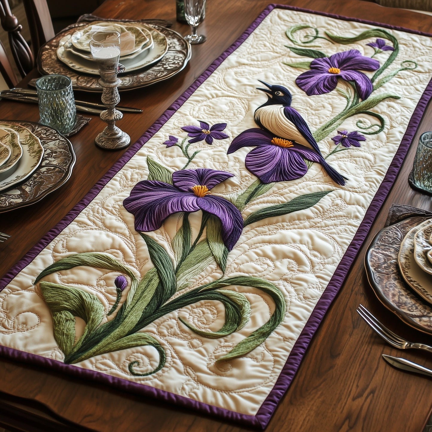 Mockingbird Iris Flowers Quilted Table Runner GFTOTL3103