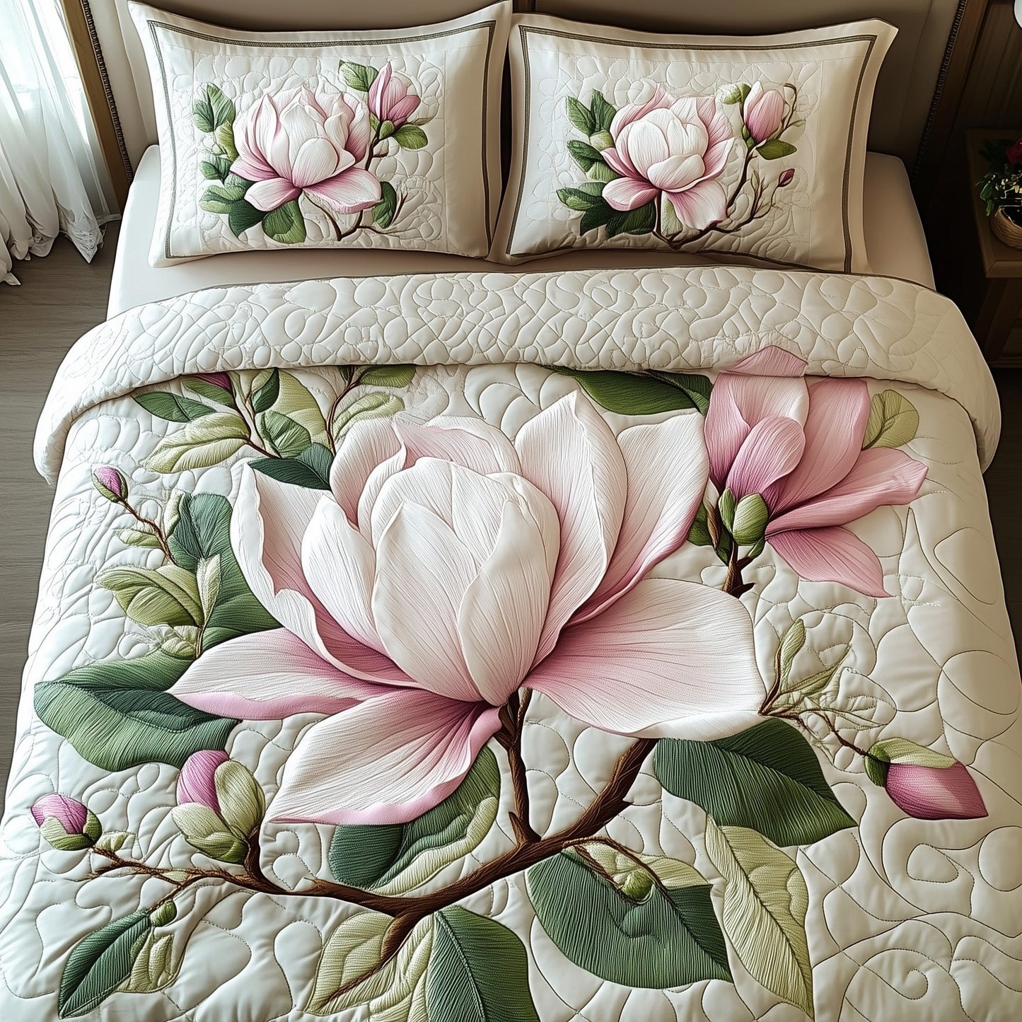 Elegant Blooming Magnolia 3-Piece Quilted Bedding Set GFTOTL3340