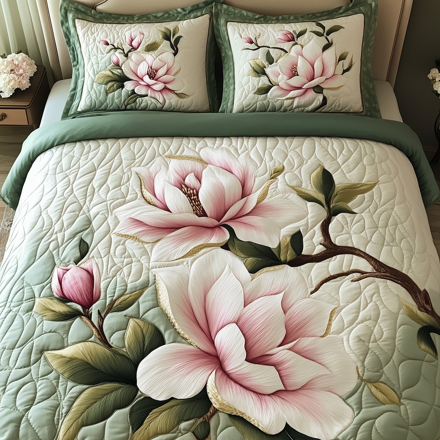 Elegant Blooming Magnolia 3-Piece Quilted Bedding Set GFTOTL3341