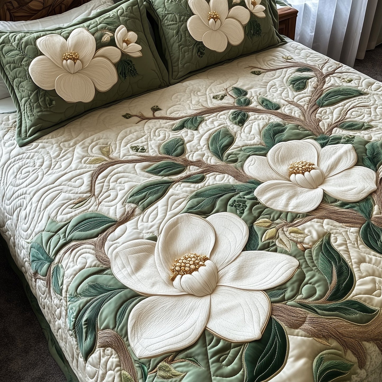 Elegant Blooming Magnolia 3-Piece Quilted Bedding Set GFTOTL3344