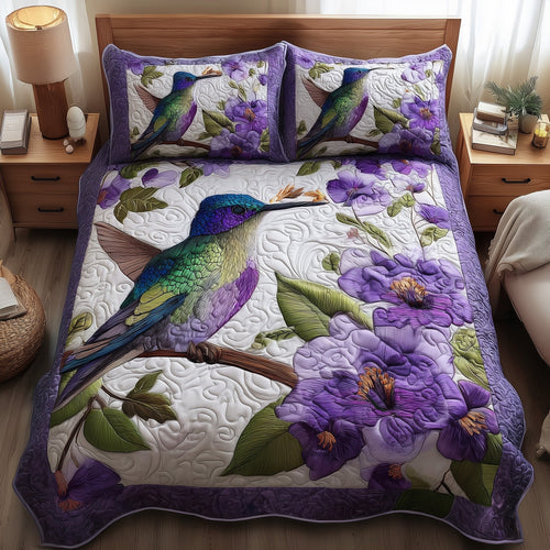 Purple Hummingbird Dancing 3-Piece Quilted Bedding Set GFTOTL3953
