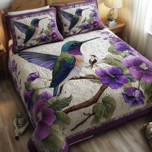 Purple Hummingbird Dancing 3-Piece Quilted Bedding Set GFTOTL3956