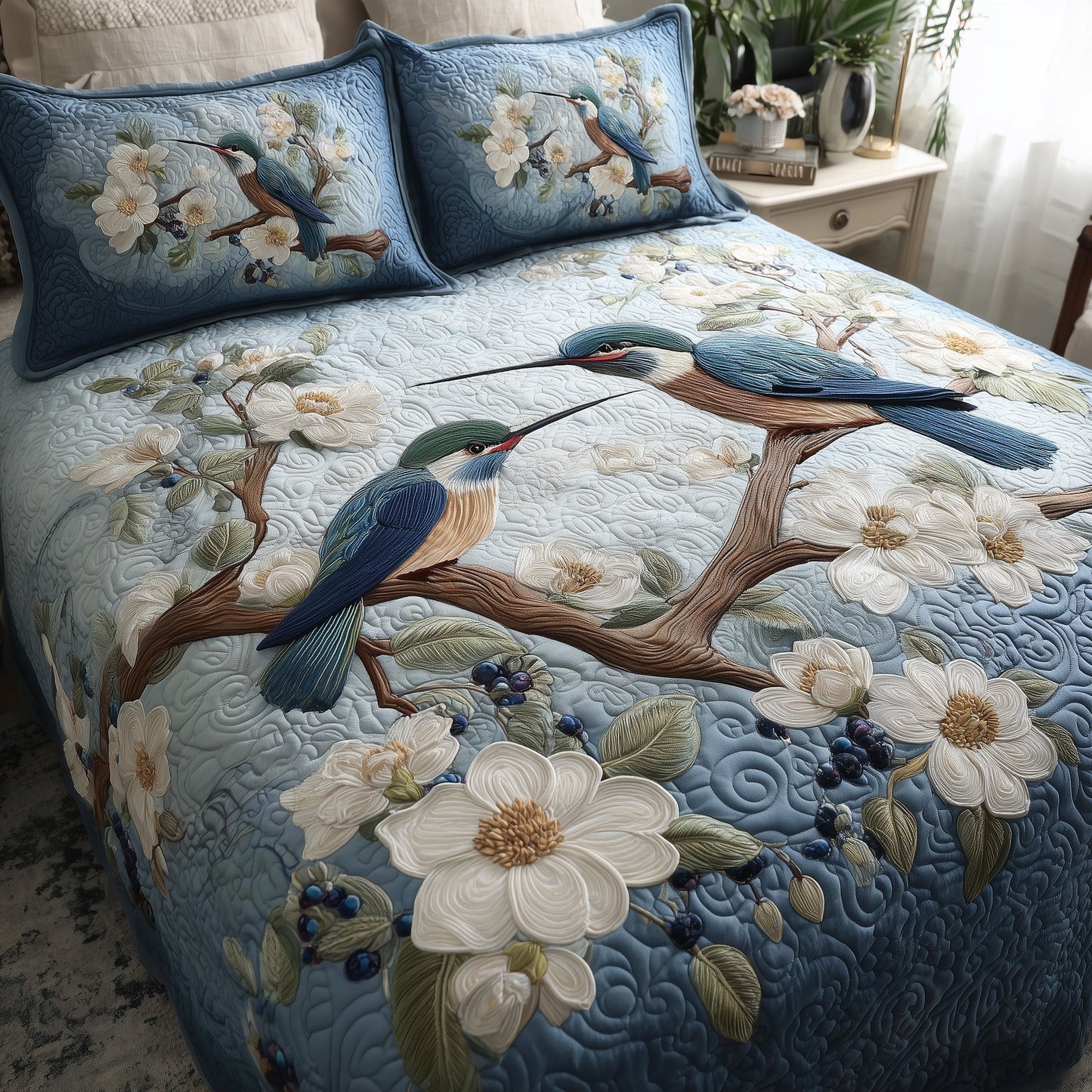 Winter Hummingbird Love 3-Piece Quilted Bedding Set GFTOTL3964