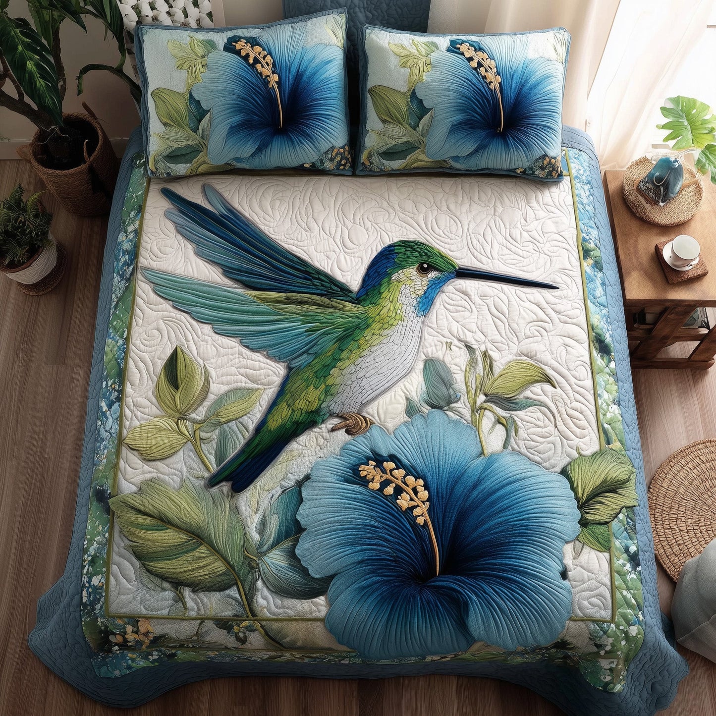 Wings & Blue Petals 3-Piece Quilted Bedding Set GFTOTL3967