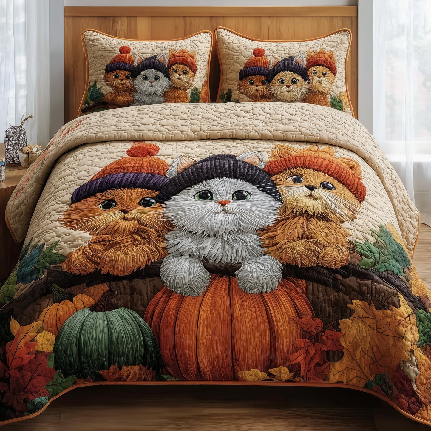 Autumn Cat Cottage 3-Piece Quilted Bedding Set GFTOTP10952
