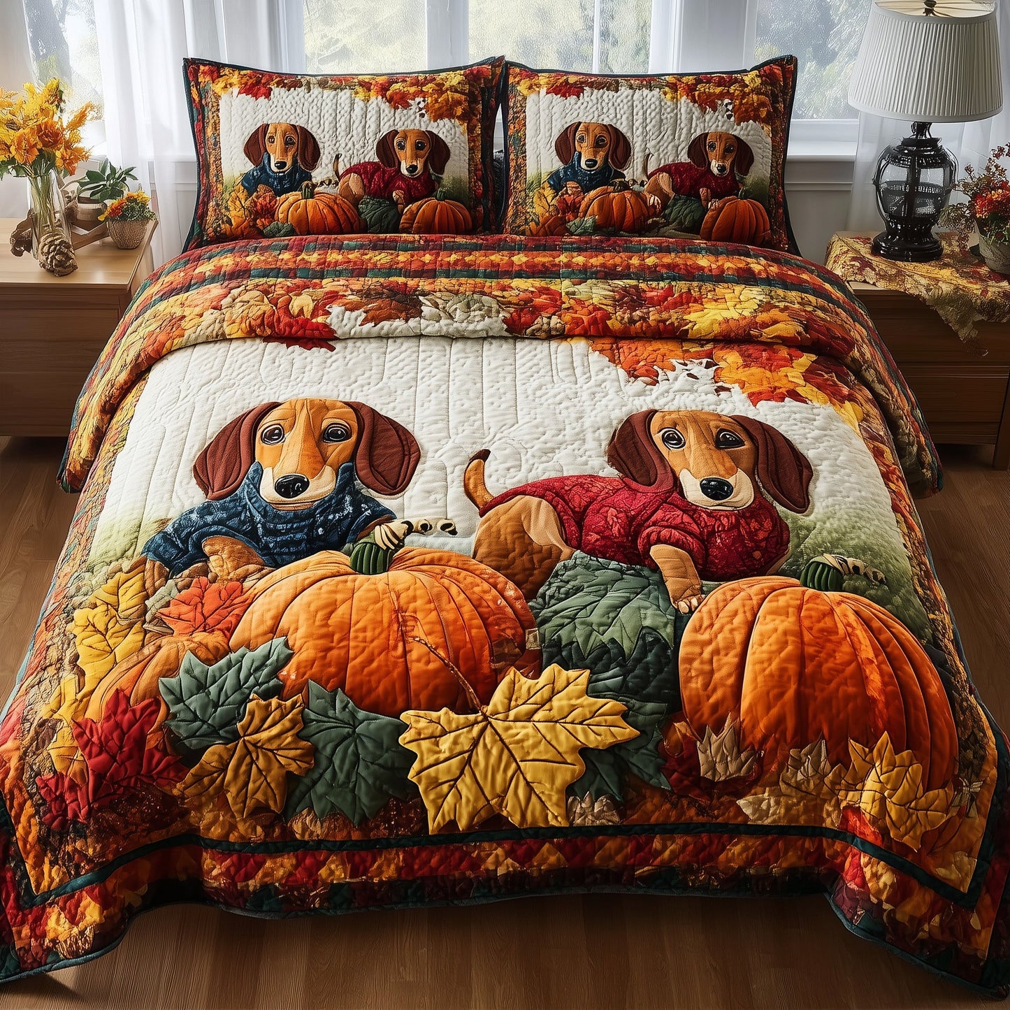 Autumn Pup Haven 3-Piece Quilted Bedding Set GFTOTP11350