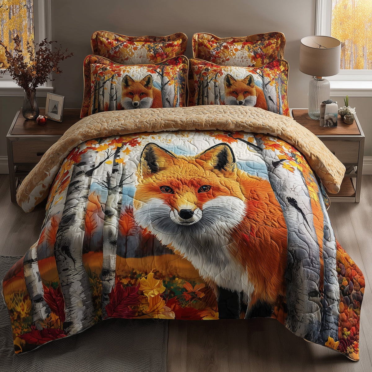 Rustic Fall Fox 3-Piece Quilted Bedding Set GFTOTP11595