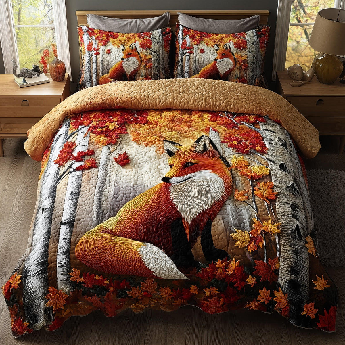 Rustic Fall Fox 3-Piece Quilted Bedding Set GFTOTP11596