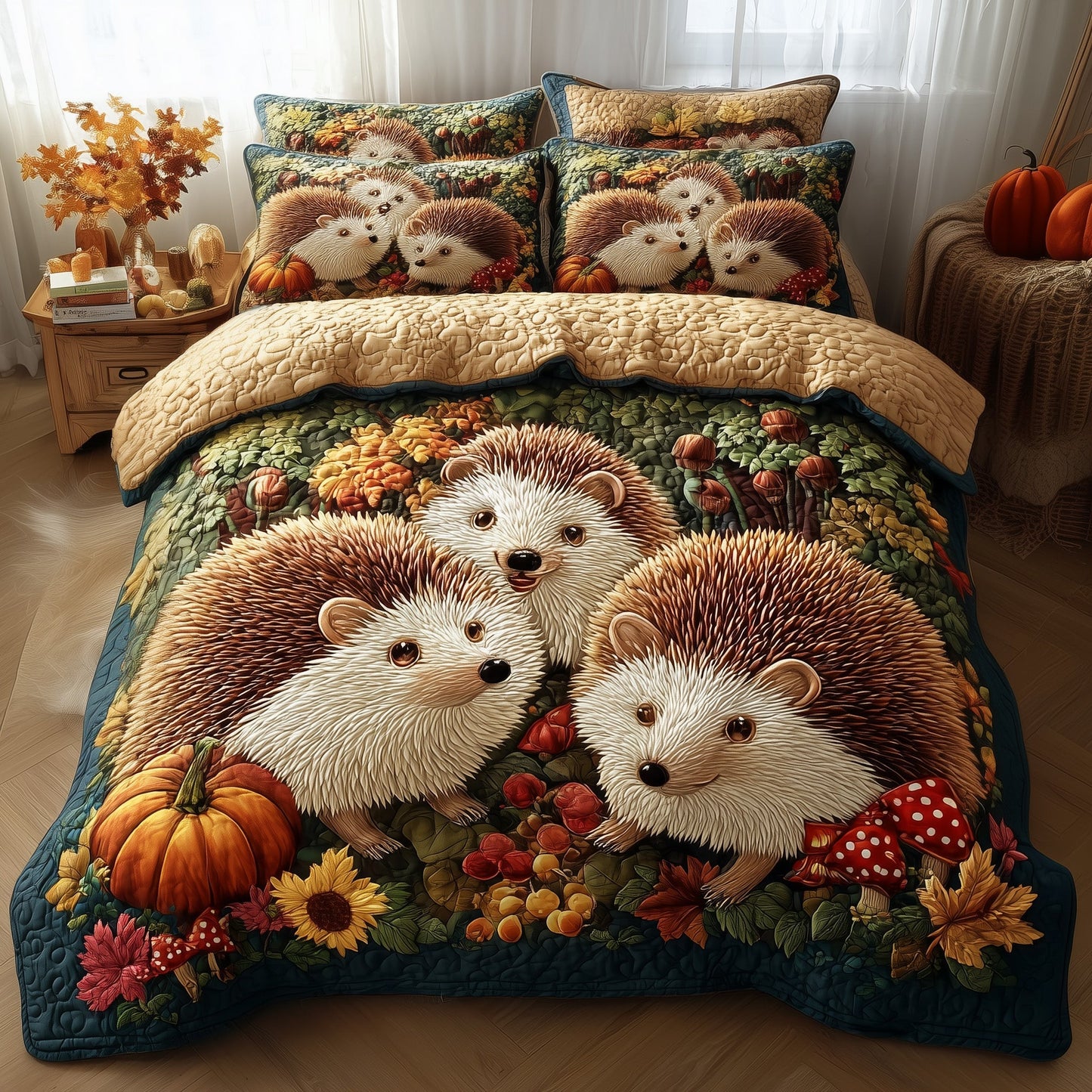 Fall Hedgehog 3-Piece Quilted Bedding Set GFTOTP11598