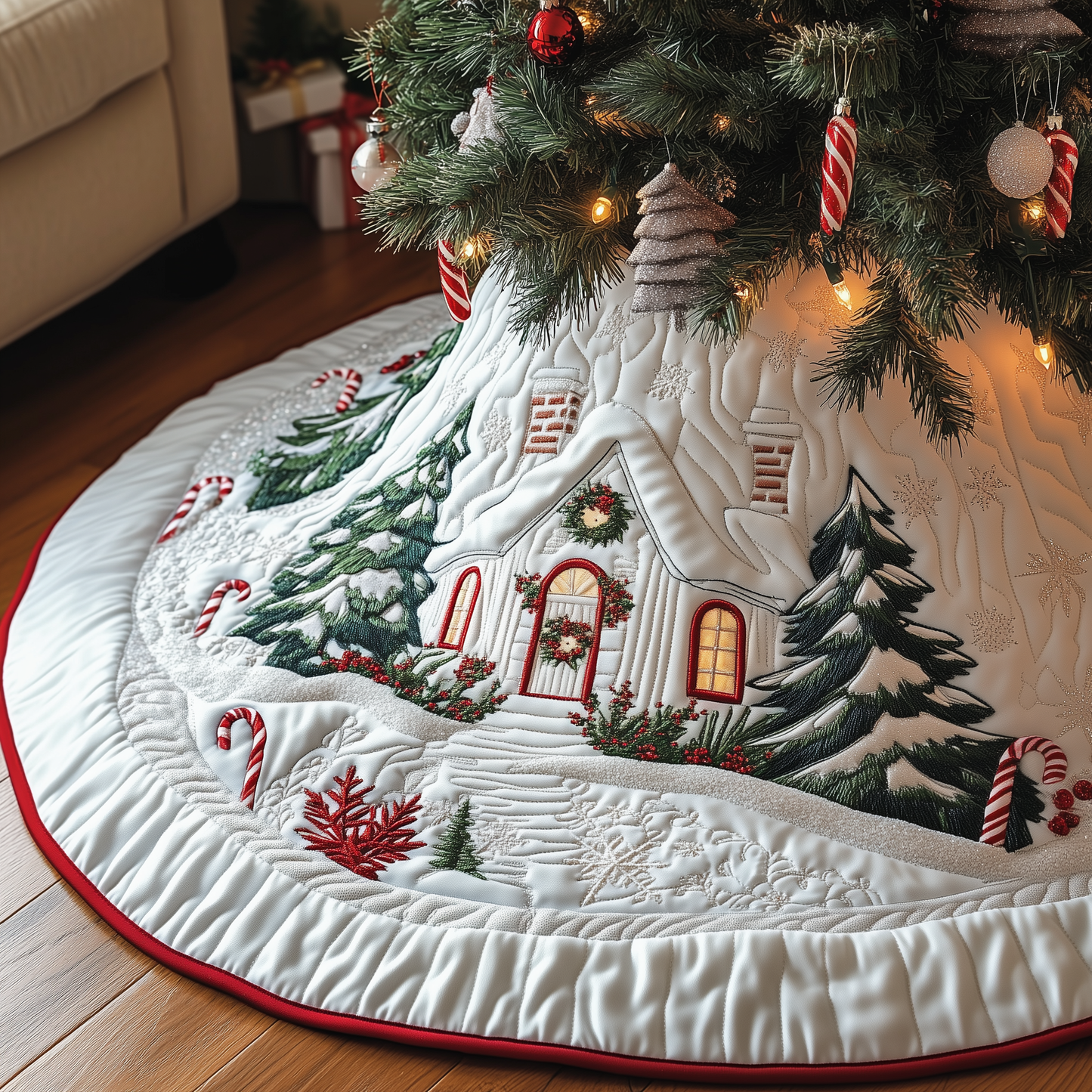 Candy Canes Whimsical House Quilted Tree Skirt GFTOTP1322