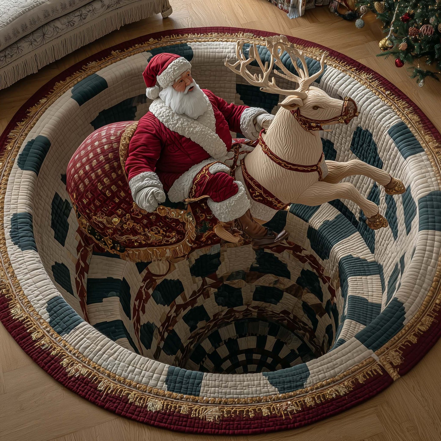 Santa Deer Quilted Round Mat GFTOTP14858