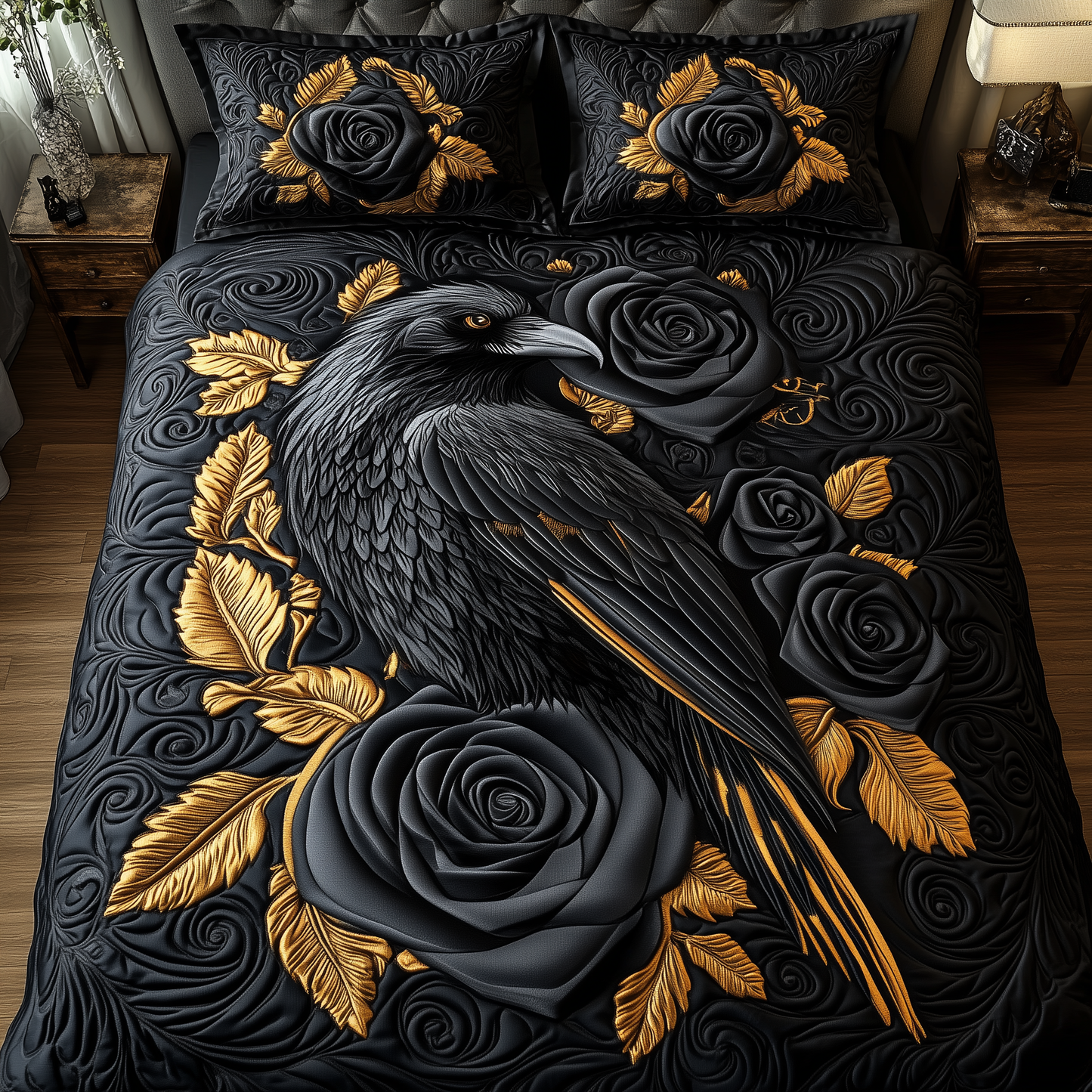 Gothic Raven 3-Piece Quilted Bedding Set GFTOTP1809