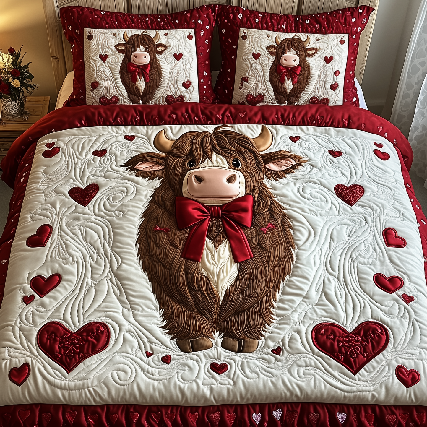 Valentine Highland Cow 3-Piece Quilted Bedding Set GFTOTP1825